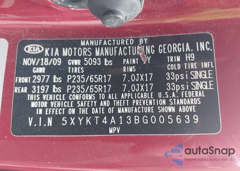 2011 Kia Sorento Lx from USA, damaged, VIN 5XYKT4A13BG005639